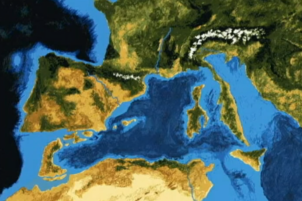A map of what the Mediterranean Sea might have looked like 6 million years ago, without the famous Strait of Gibraltar