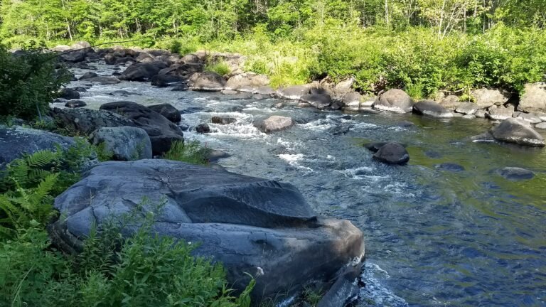 A river landscape with rocks lining the water