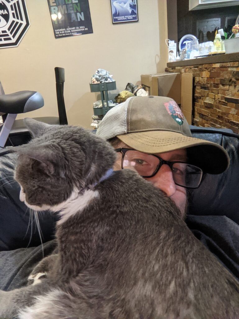 A cat sits on a person's face, who peeks around the grey fur