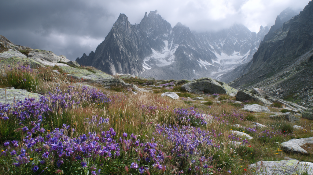 Green grasses and purple flowers alongsde rocks with towering peaks in the background