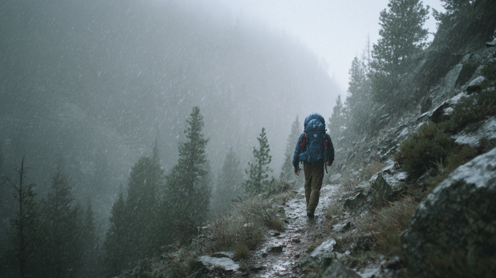 A person hikes on a mountain trail in dense fog and rain