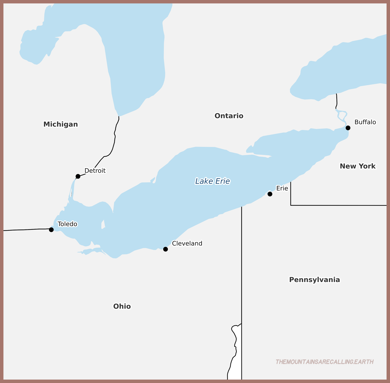 A map of Lake Erie, displaying Michigan, Ohio, Pennsylvania, New York, and Ontario, in addition to the port cities of Detroit, Toledo, Cleveland, Erie, and Buffalo