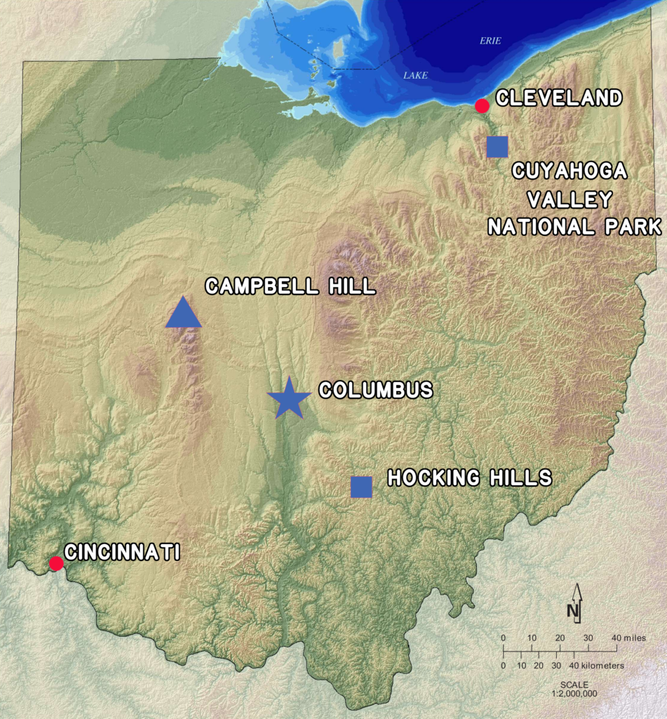 A map of Ohio showing the locations of major cities, parks, and the High Point