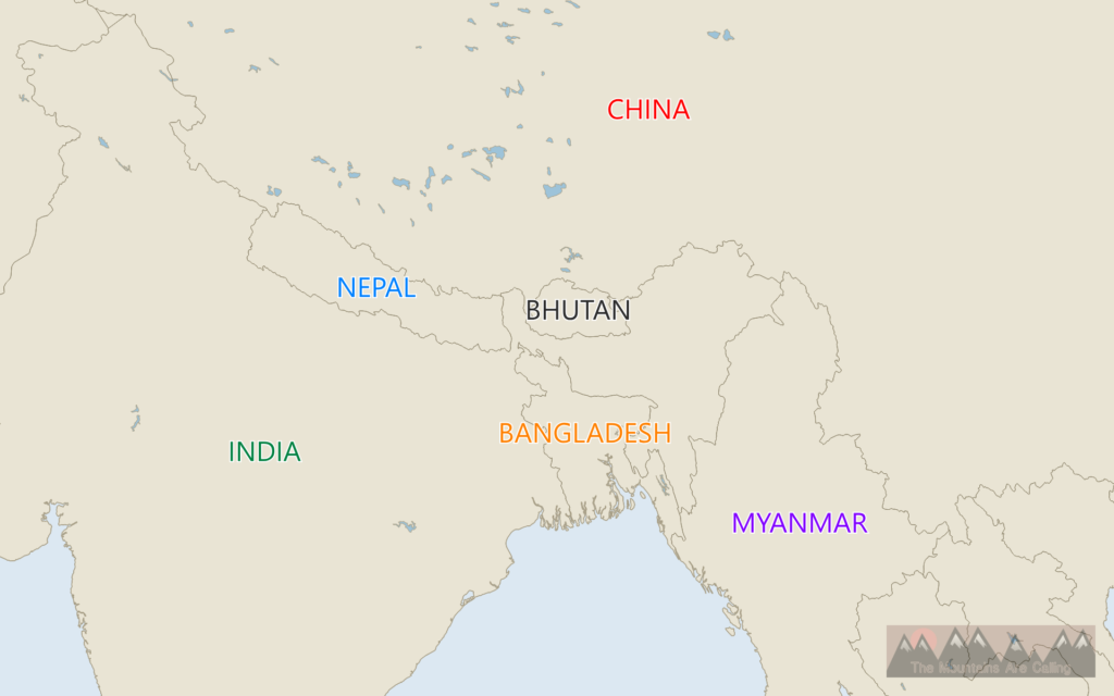 A map displaying the countries of China, India, Nepal, Bhutan, Bangladesh, and Myanmar